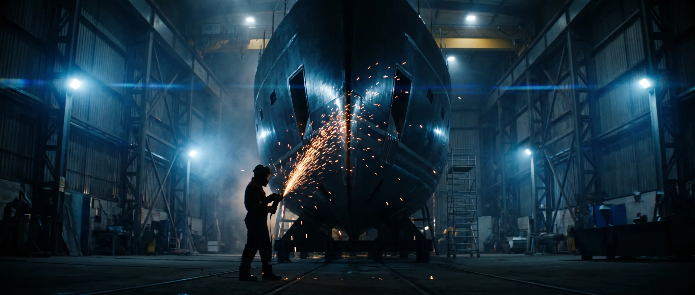 Sparks. Cutting at the hull. The hall never stands still, not even at night.