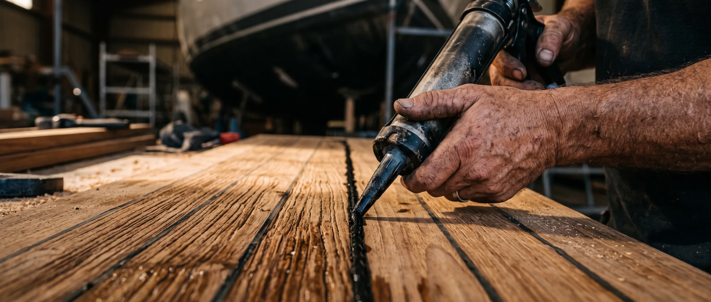 Teak by hand. Every seam runs parallel to the hull side. It costs two more weeks.