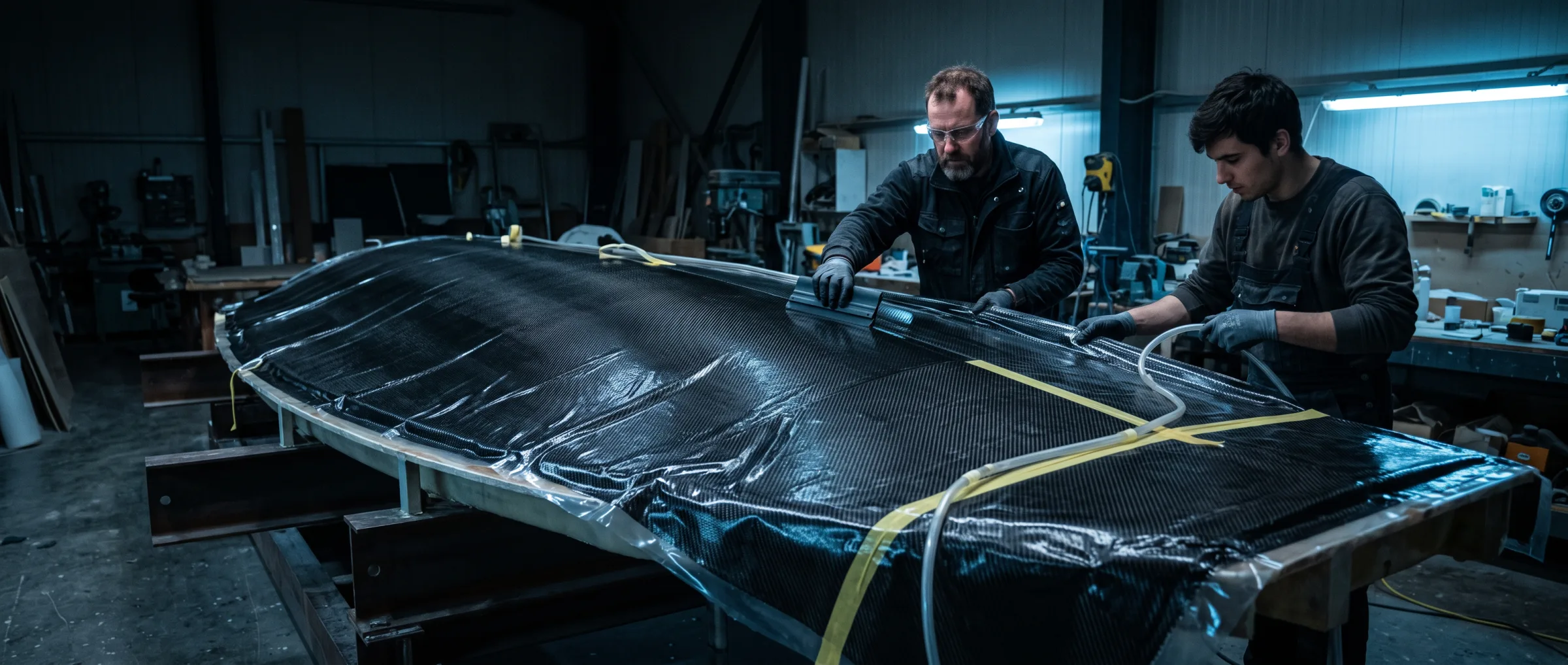 Carbon in the mould. Laminate from our own autoclave. The same hall as the steel.