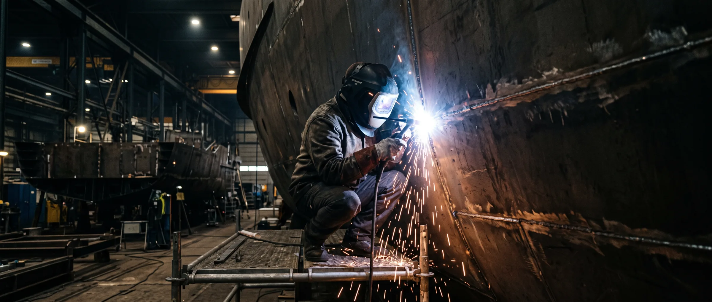 Weld seam on the steel plating of a hull