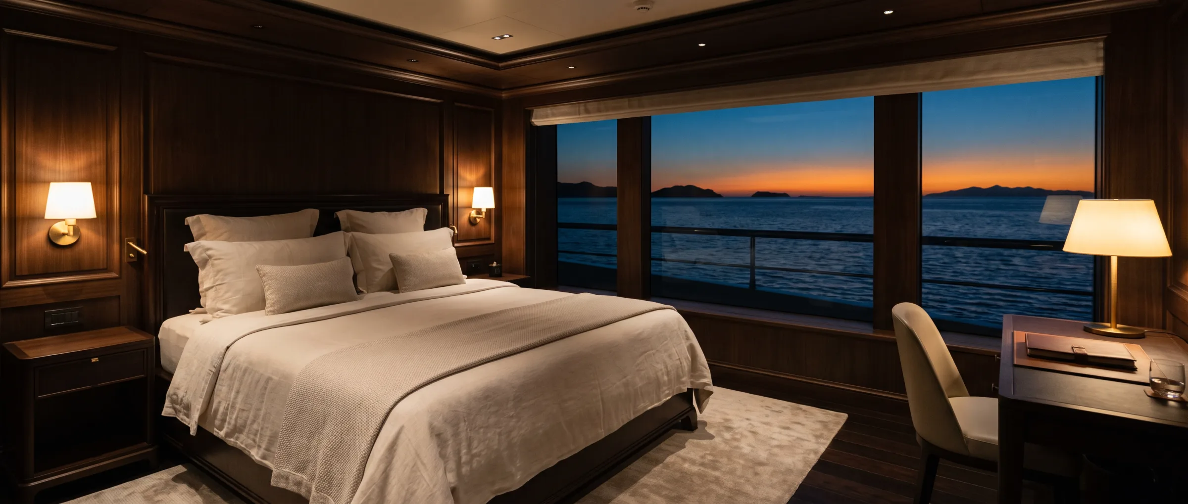 Owner cabin. With hull window, at dusk.