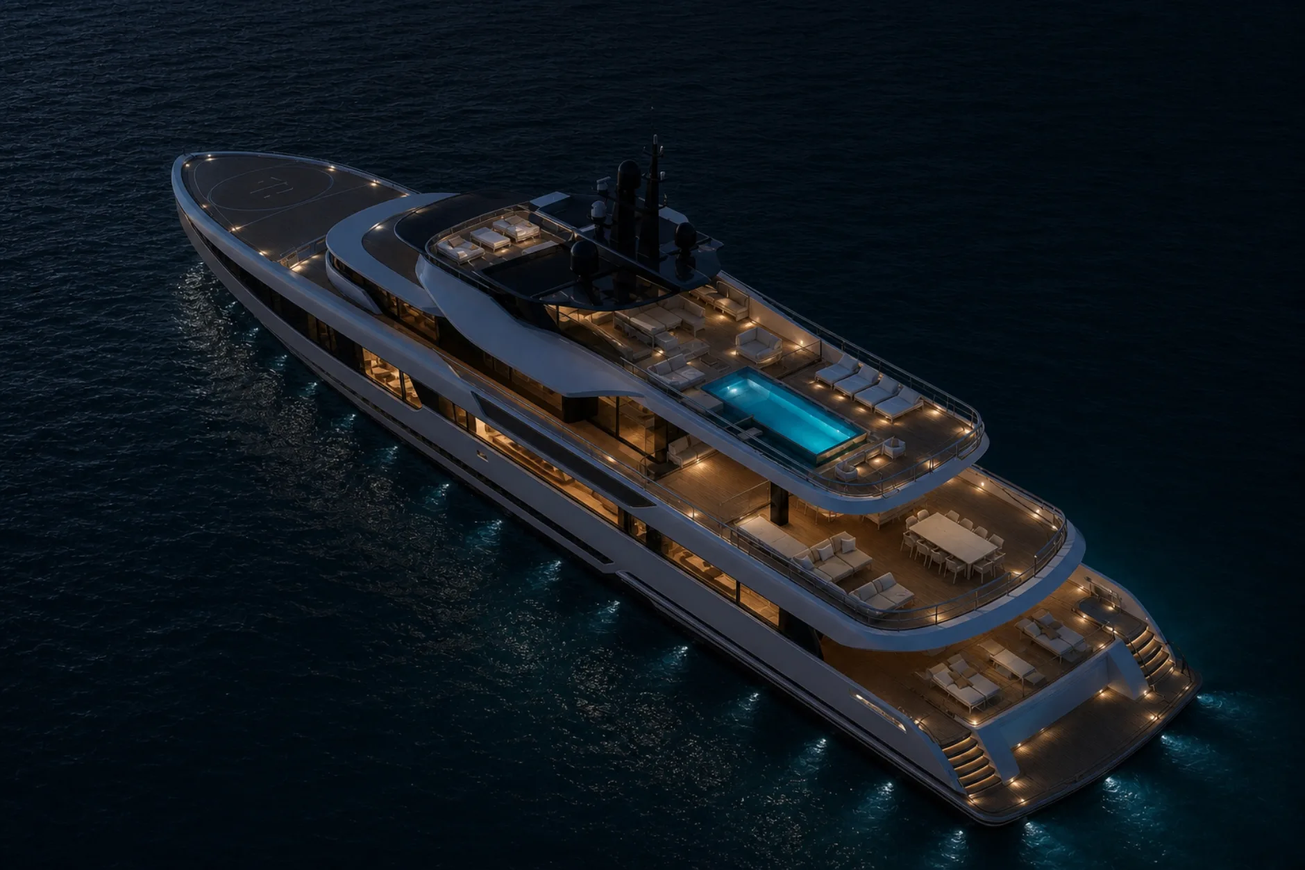 Yacht at night with the full deck lighting on