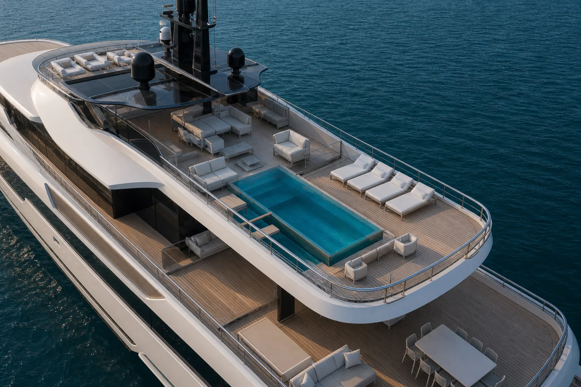 Sun deck. Pool, loungers and bar under the hardtop.