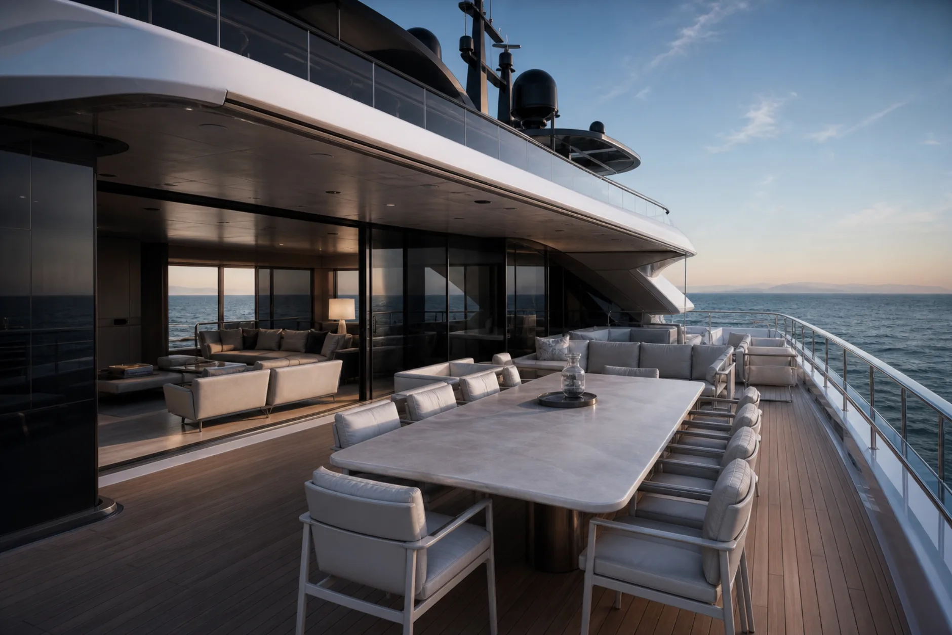Sky lounge with a long table and an open front to the sea