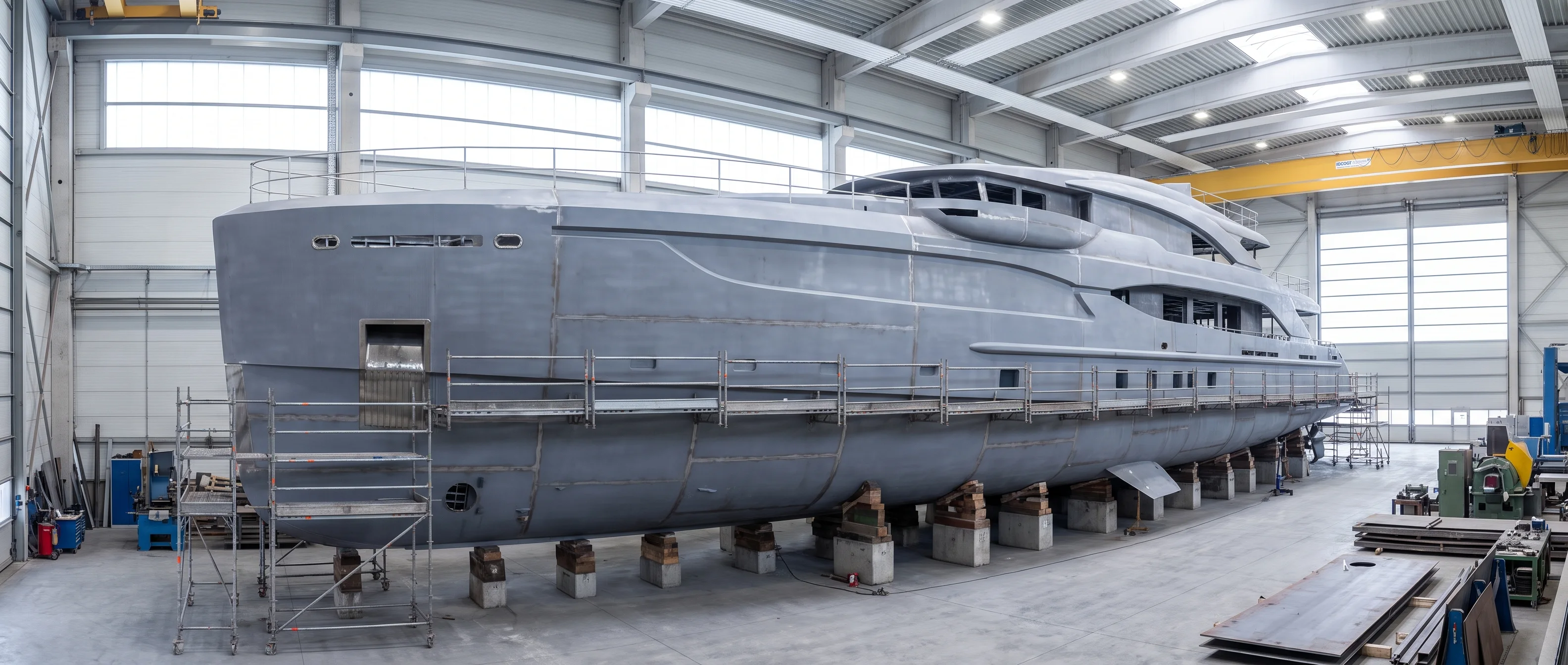 Steel. Weldable on any quay in the world. Heavier, but repairable anywhere.